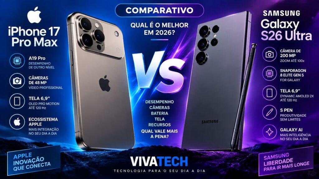 iPhone 17 Pro Max vs Galaxy S26 Ultra: qual é o melhor celular em 2026?