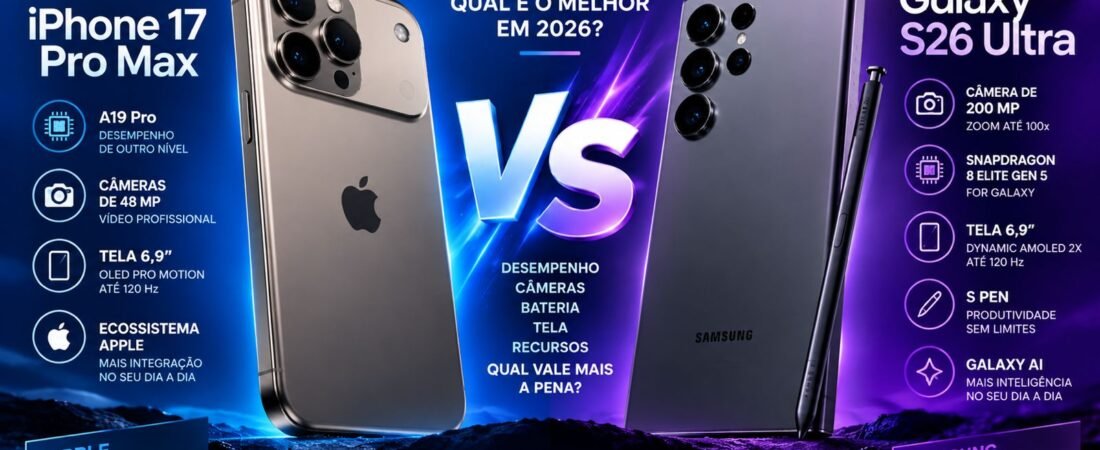 iPhone 17 Pro Max vs Galaxy S26 Ultra: qual é o melhor celular em 2026?